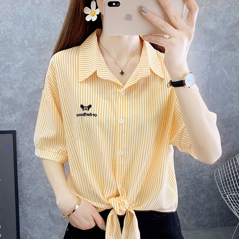 เสื้อเชิ้ตลําลอง ลายทาง สไตล์เกาหลี แฟชั่นฤดูร้อน สําหรับผู้หญิง