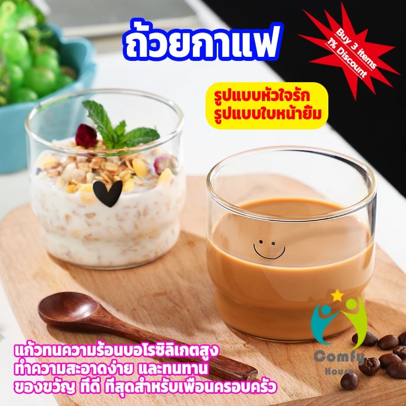 Comfy ถ้วยนม ใส่เครื่องดื่มเย็น ๆ ถ้วยแก้วกาแฟ ใส่น้ำผลไม้ สกรีนภาพน่ารัก Glass Cup