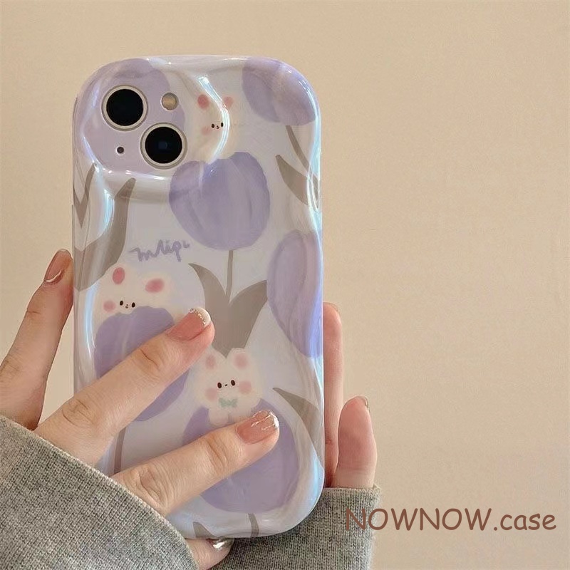 เคสโทรศัพท์มือถือ แบบนิ่ม ลายดอกทิวลิป และกระต่าย สีม่วง และดอกไม้ สีชมพู สําหรับ iPhone 15 14 13 12 11 Pro MAX X XR XS MAX 7 8 Plus
