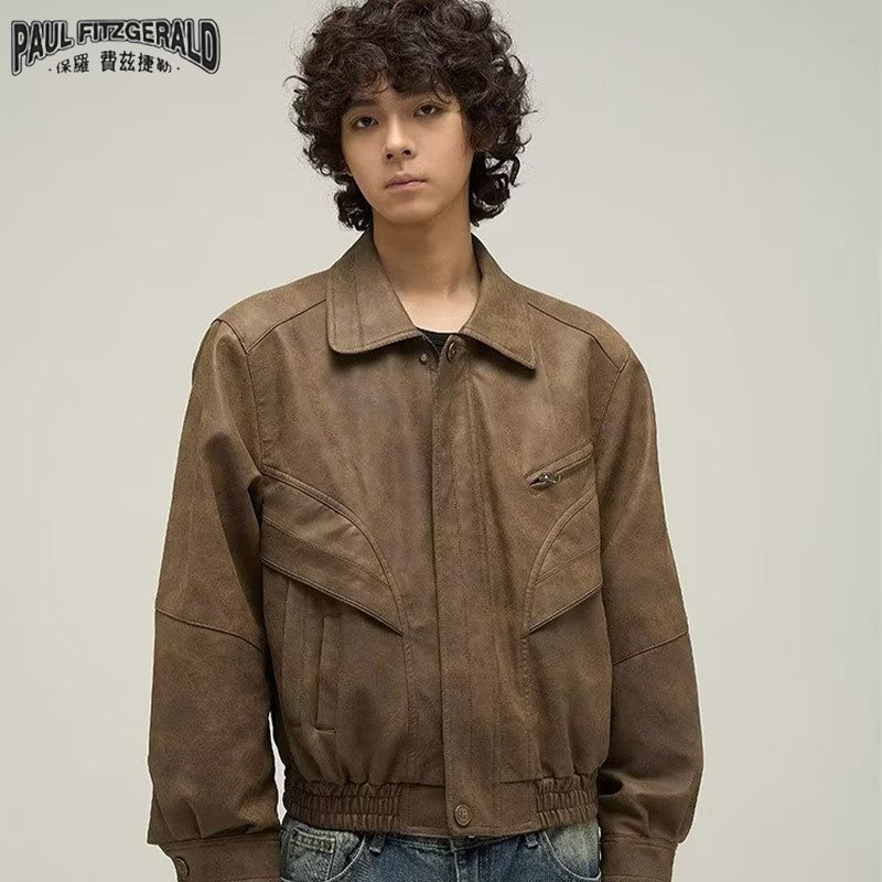 Paul FITZGERALD สีน้ําตาลหนังสไตล์เกาหลีพับลงปกขี้ผึ้งนุ่มมัดย้อม เสื้อแจ็คเก็ตมอเตอร์ไซค์สไตล์ Maillard