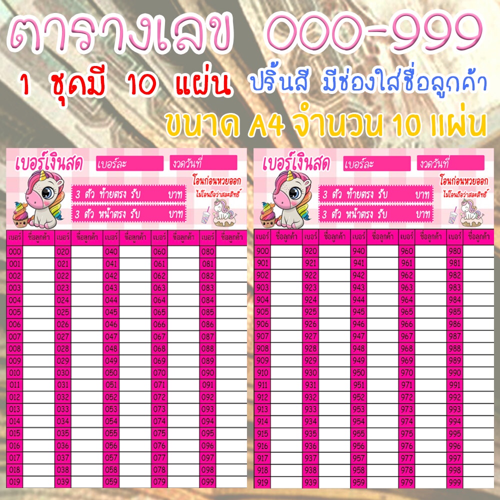 เบอร์เงินสด 000 ถึง 999 (ชุดม้ายูนิคอร์น) เบอร์เงินหวย 3 ตัวท้าย 3 ตัวหน้า แบบเพิ่มชื่อลูกค้าได้ ตาร