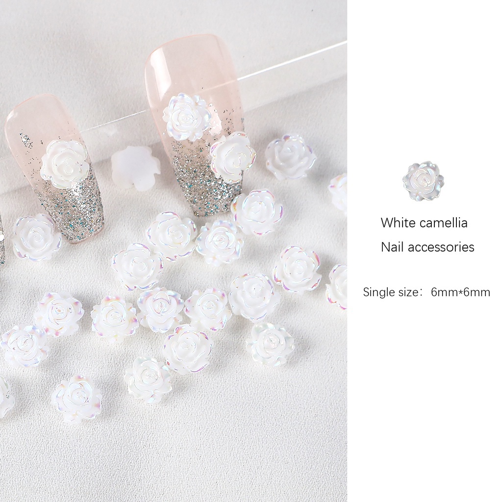 หินกลิตเตอร์ เรซิน รูปดอกคามิเลีย aurora 3D สีขาว สําหรับตกแต่งเล็บ DIY 30 ชิ้น