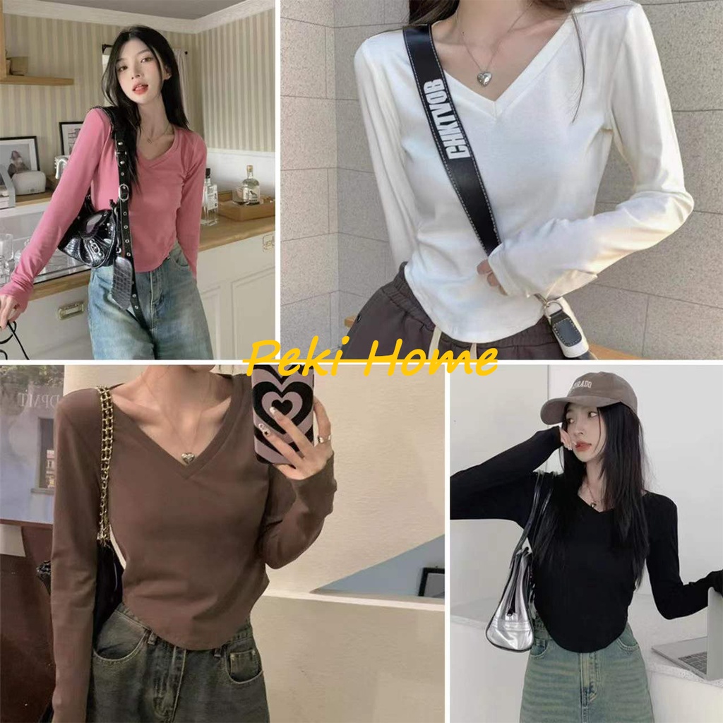 เสื้อยืดแขนยาว ทรงสลิมฟิต คอวี สีพื้น ใส่สบาย