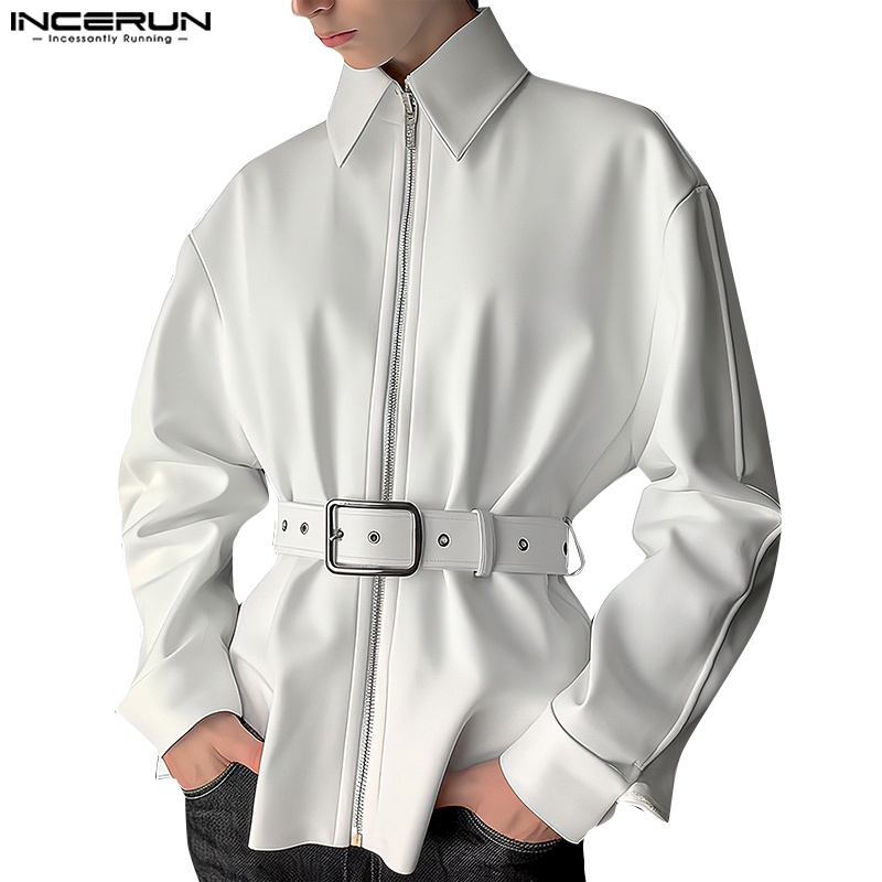 Incerun เสื้อแจ็กเก็ตแขนยาว คอปก ทรงหลวม มีซิป ออกแบบดี แฟชั่นเกาหลี สําหรับผู้ชาย