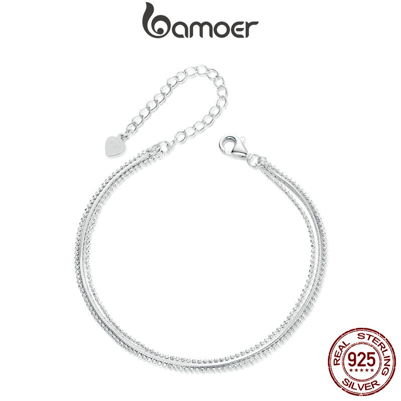 Bamoer สร้อยข้อมือเงินสเตอร์ลิง 925 สามชั้น เรียบง่าย ของขวัญเครื่องประดับ สําหรับผู้หญิง