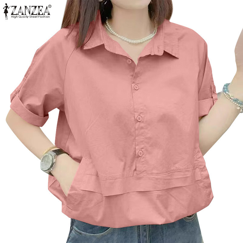 Zanzea เสื้อเชิ้ต แขนสั้น ลําลอง กระดุม สีพื้น สไตล์เกาหลี สําหรับผู้หญิง - รูปที่ 4