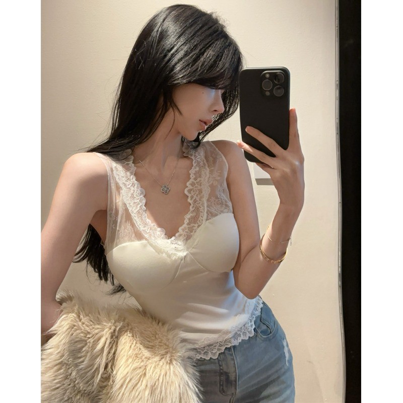 💝Bonnie​💝เสื้อกล้ามขอบลูกไม้ มีฟองน้ำ เเขนกุด ยืดตามตัว เสื้อกล้ามผู้หญิง สไตล์เซ็กซี่ ผ้านิ่ม ใส่สบาย#FY2047 - รูปที่ 3