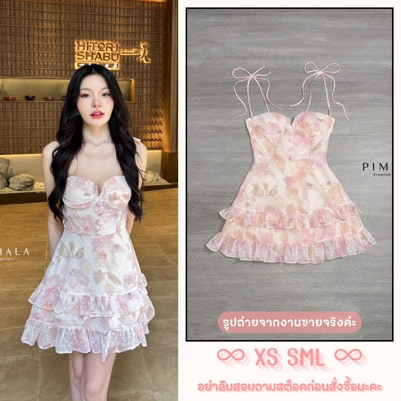 ❥ XS-L มินิเดรสสายเดี่ยวลายดอกสีชมพู รุ่นฮิต งานป้าย Pimala เดรสไปเดท ชุดออกเดท เดรสน่ารัก