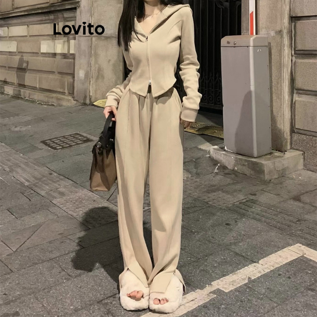 Lovito ชุดเซ็ทกางเกงผู้หญิง สไตล์ลำลอง สีพื้น มีกระเป๋า ซิปข้าง ซิปหน้า LNA29162 (สีกากี)
