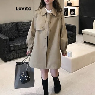 Lovito เสื้อโค้ทลําลอง แขนยาว แบบเรียบ สําหรับผู้หญิง LNE21047 (สีกากี)