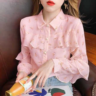 เสื้อเชิ้ต ผ้าชีฟอง คอตุ๊กตา ลายดอกไม้ สําหรับผู้หญิง