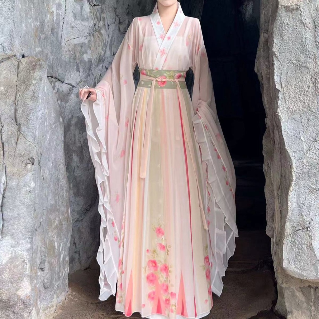 Hanfu [Huashen] ชุดเดรสกระโปรง แขนใหญ่ เอวสูง สไตล์ฮั่นฝู แฟชั่นฤดูใบไม้ผลิ และฤดูใบไม้ร่วง สําหรับสตรี