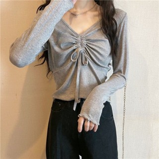 Milyfashion เสื้อยืดแขนยาว แบบผูกเชือก เข้ากับทุกการแต่งกาย แฟชั่นฤดูใบไม้ร่วง สําหรับผู้หญิง