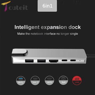 Tcuteit อะแดปเตอร์การ์ดเครือข่าย 6 in 1 USB C Hub เป็น 4K HDMI USB 3.0 2.0 PD RJ45 สําหรับ PC