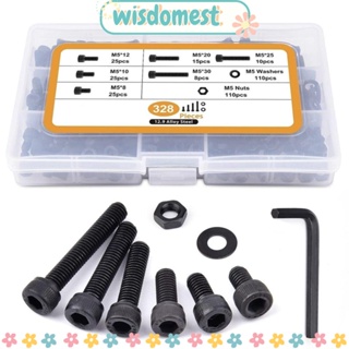 Wisdomest สกรูหัวซ็อกเก็ต หกเหลี่ยม 8 10 12 20 25 30 มม. 6 ขนาด พร้อมประแจหกเหลี่ยม 12.9 เหล็กอัลลอย สีดํา M5 328 ชิ้น