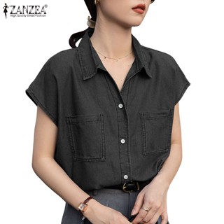 Zanzea เสื้อเชิ้ตยีน แขนสั้น คอปก มีกระเป๋าด้านหน้า สีพื้น สไตล์เกาหลี สําหรับผู้หญิง