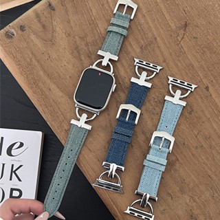 สายนาฬิกาข้อมือหนัง โลหะ สีฟ้า สําหรับ Smart Watch 9 8 7 SE 6 5 4 3 Ultra 2 iWatch Ultra 49 มม. 41 มม. 45 มม. 44 40 มม.