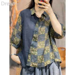 Retro artistic loose irregular five-quarter sleeve shirt Womens cotton and linen printed shirt