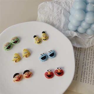 Harajuku Wind Sesame Street Little Monster Cute Cartoon Earrings for Girls New Silver Needle Fun Soft and Cute Sweet Earrings Ins Wind Earrings