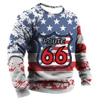 Route 66 เสื้อยืดลําลอง แขนยาว พิมพ์ลาย สไตล์เรโทร ขนาดใหญ่ สําหรับผู้ชาย 2023 5xl