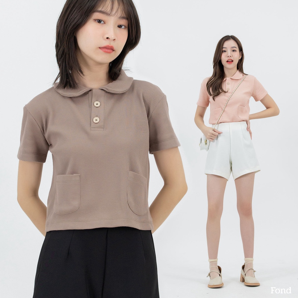 Fond - เสื้อโปโล กระเป๋าหน้าคู่ ผ้าวาฟเฟิล สีพื้น เนื้อผ้านุ่ม