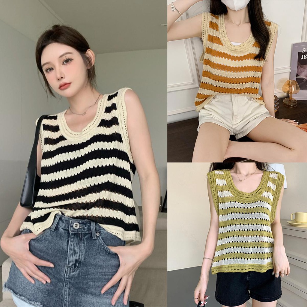 Lune_Grace.1816#เสื้อกล้ามถักไหมพรม ลายทางสีสันสดใส ยืดกำลังดี