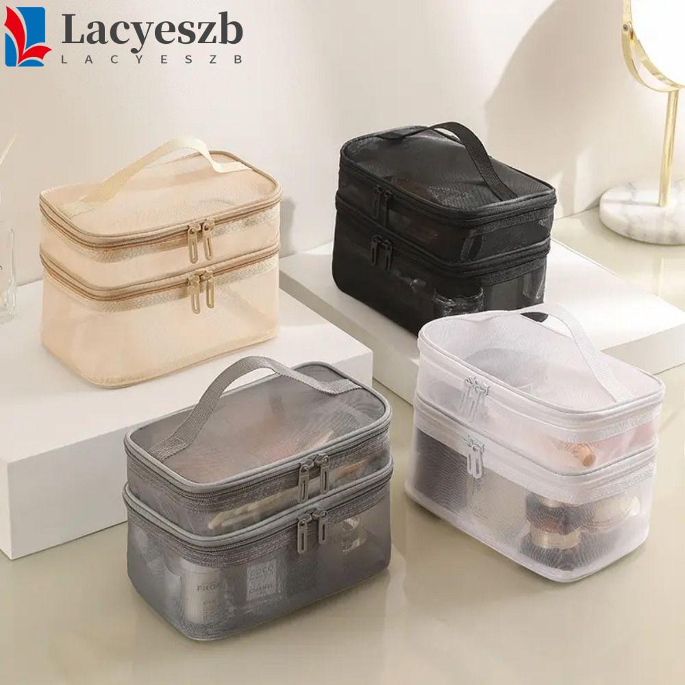 Lacyeszb กระเป๋าถือ กระเป๋าเครื่องสําอาง ผ้าตาข่าย สองชั้น มีซิป 1 2 3 ชั้น เรียบง่าย สําหรับจัดระเบียบอุปกรณ์อาบน้ํา กลางแจ้ง