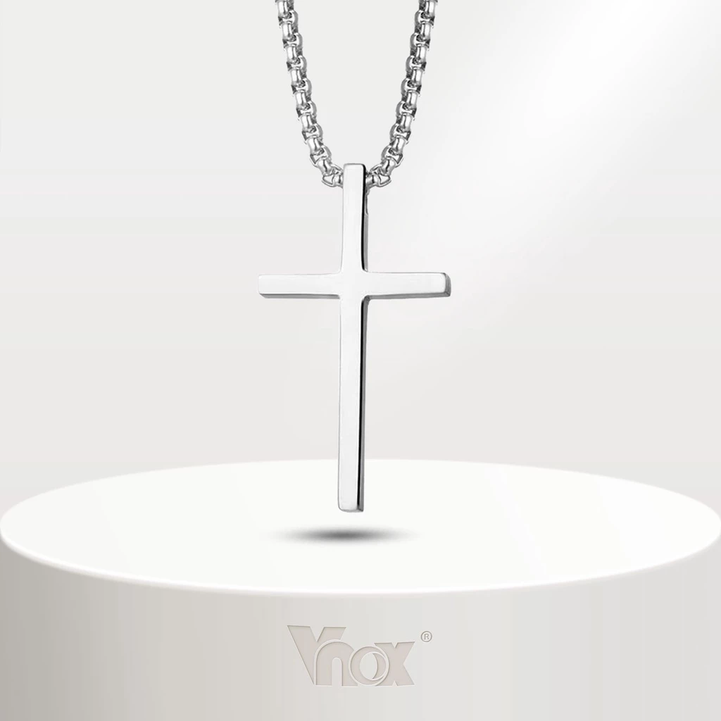 Vnox สร้อยคอ จี้ไม้กางเขน ไร้สี สีเงิน เครื่องประดับผู้หญิง พร้อมโซ่กล่องสเตนเลส