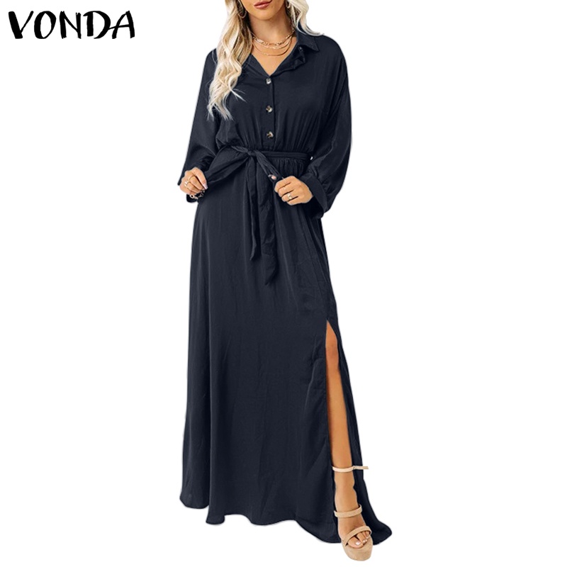 Vonda ชุดเดรสแขนยาว คอปกพับ สไตล์วินเทจ สําหรับผู้หญิง