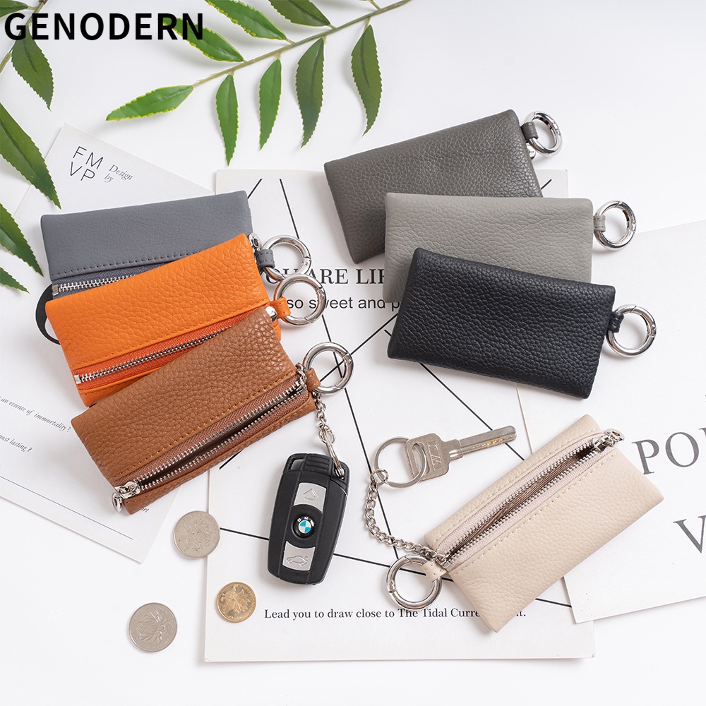 Genodern กระเป๋าสตางค์ หนังวัวแท้ ใบสั้น มีซิป ขนาดเล็ก ชั้นแรก ใส่เหรียญได้