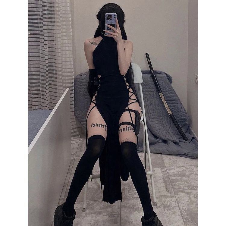 Goth Dark คอสเพลย์สูงแยกเซ็กซี่ผ้าพันแผลผู้หญิงชุด Y2K Mall Gothic Halter Slim Midi ชุดสีดํา Grunge 