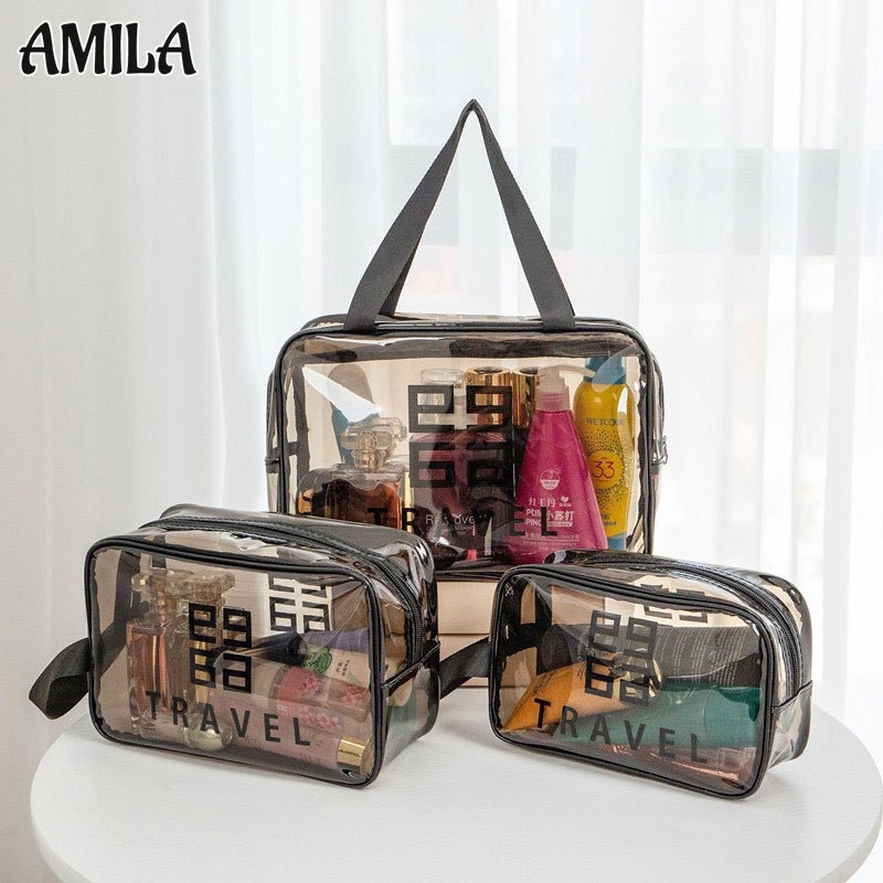 Amila กระเป๋าเครื่องสําอาง PVC แบบใส เรียบง่าย กันกระเด็น สําหรับเดินทาง
