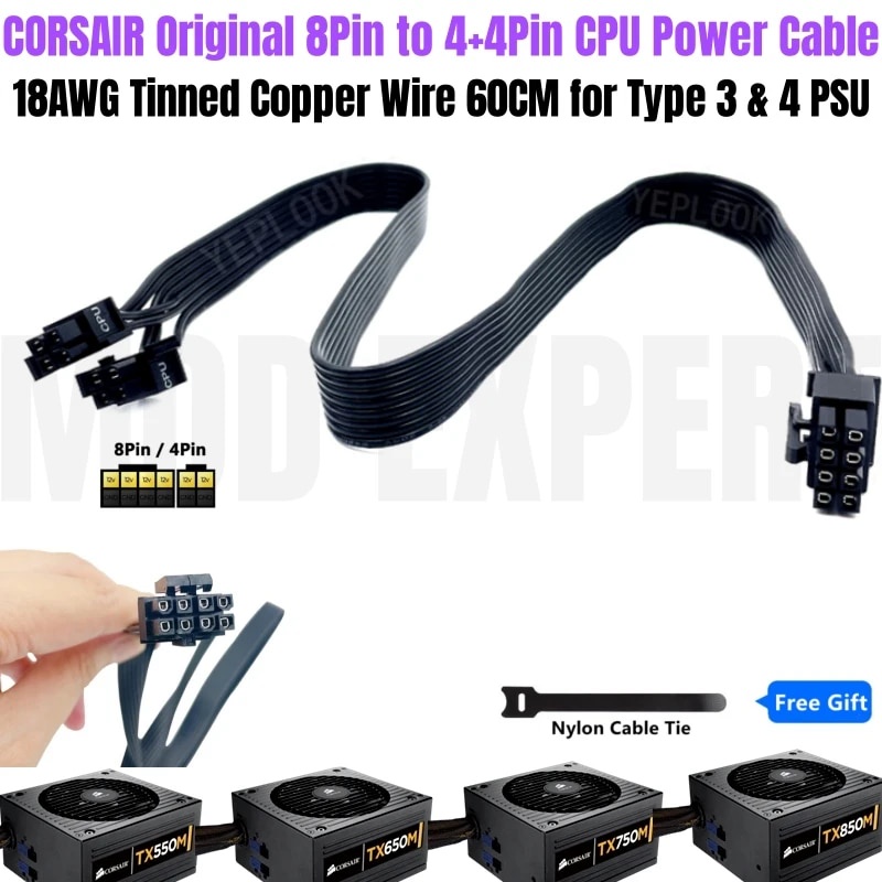 CORSAIR 8Pin ถึง 4+4Pin EPS 12V CPU สายไฟสําหรับ TX850M TX750M TX600M TX550M ประเภท 3 Modular Power 