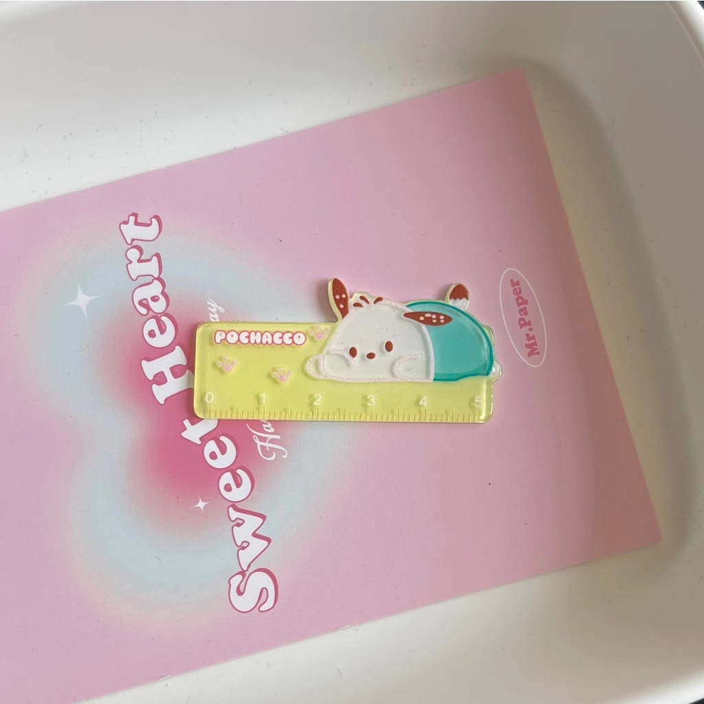 SANRIO ไม้บรรทัดขนาดเล็ก ซานริโอ เครื่องเขียนอะคริลิคนักเรียนการ์ตูนแบบพกพาไม้บรรทัดขนาดเล็กสร้างสรรค์แบบพกพา