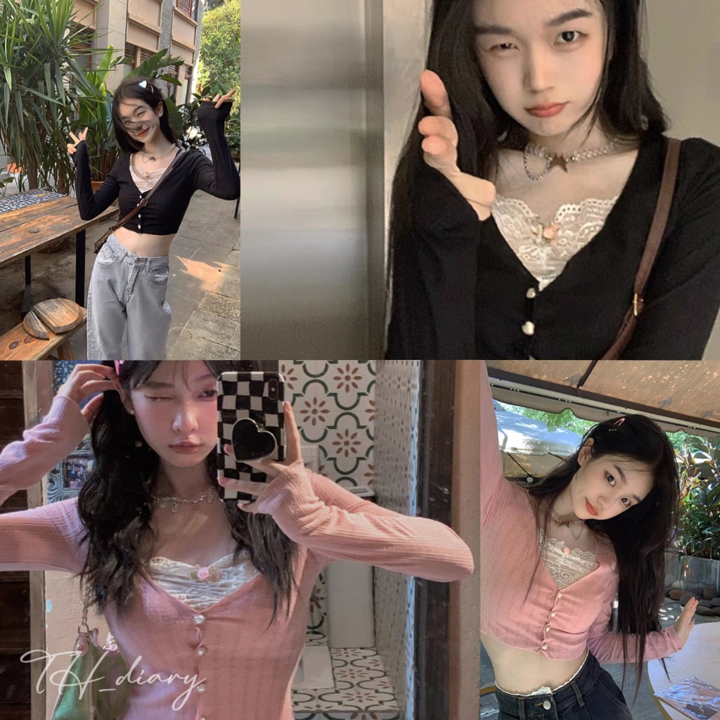 (จัดส่งจากกรุงเทพฯ) ฤดูใบไม้ร่วงรูปแบบใหม่ ของผู้หญิง คอวี ลูกไม้ สวมใส่ภายใน เสื้อคาร์ดิแกนถัก