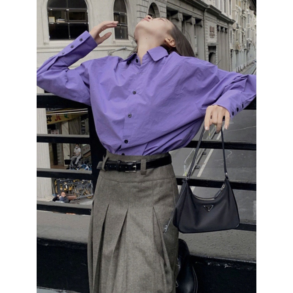 Chic French High-End เสื้อสีม่วงเก๋ Super Hot Bottoming Top ผู้หญิงเสื้อลําลองหลวม