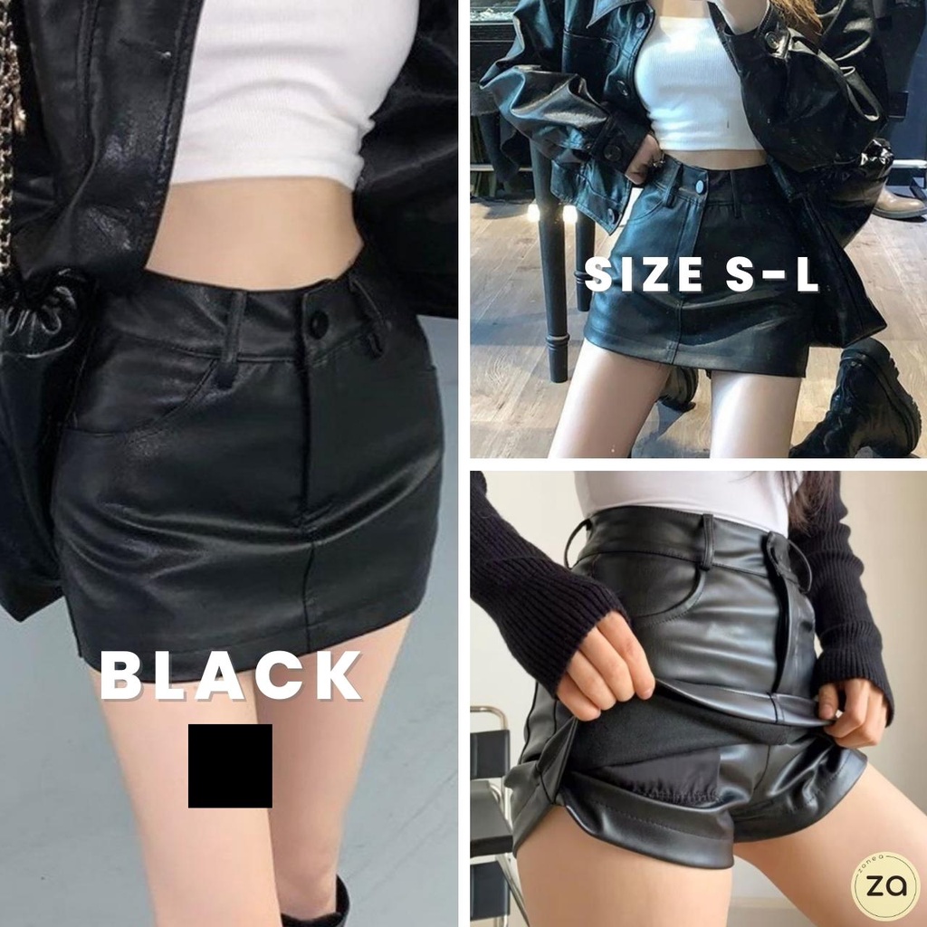 💥HOT SALE💥กระโปรงสั้นผ้าหนังสีดำ ด้านในเป็นกางเกง มีกระดุมและซิปหน้า