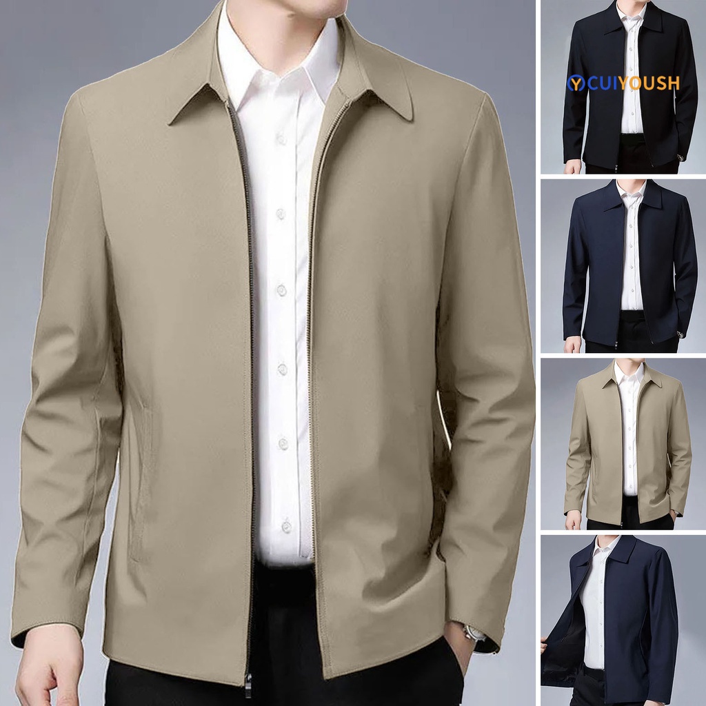 [CUI] เสื้อแจ็กเก็ตแขนยาวลําลอง คอปก แต่งซิป ทรงตรง สีพื้น แบบเป็นทางการ เหมาะกับฤดูใบไม้ผลิ สไตล์นักธุรกิจ สําหรับผู้ชายวัยกลางคน