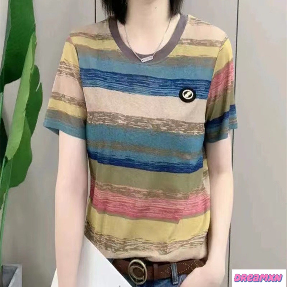 เสื้อยืดแขนสั้น ผ้าเรยอน ทรงหลวม ลายทาง สีรุ้ง พลัสไซซ์ แฟชั่นฤดูร้อน สําหรับผู้หญิง