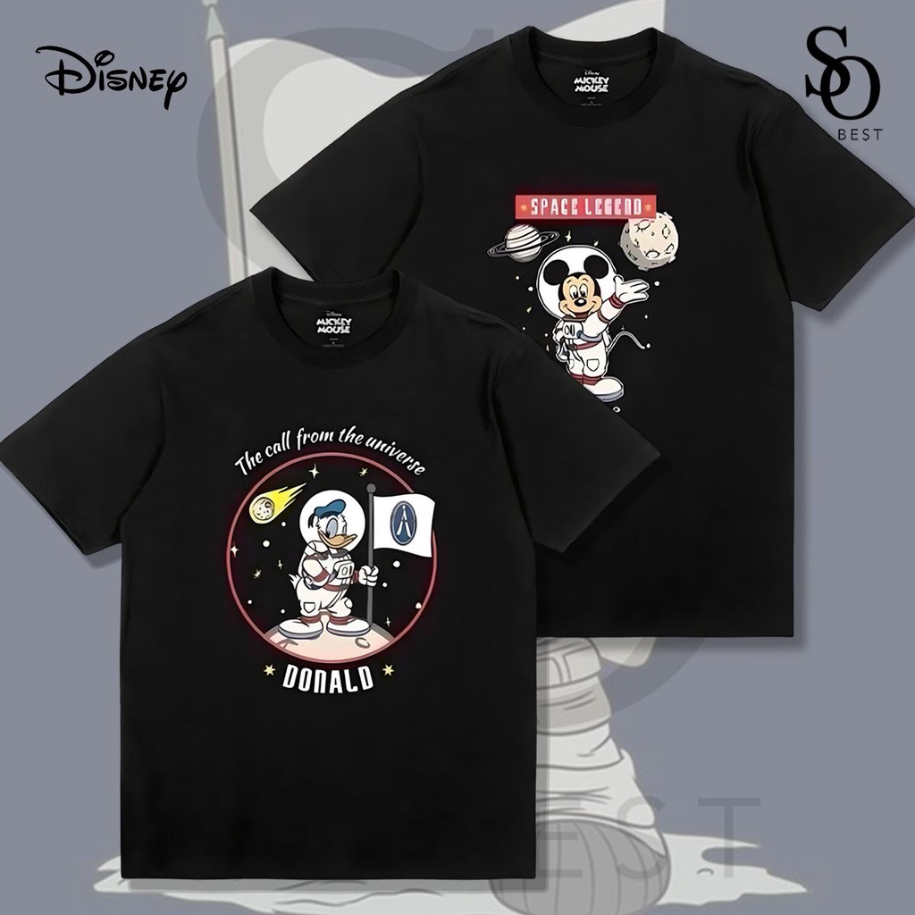 SO.BEST เสื้อยืด Mickey Mouse &amp; Donald Duck Space สกรีนหน้า ผ้าสีดำ ลิขสิทธิ์แท้ Disney