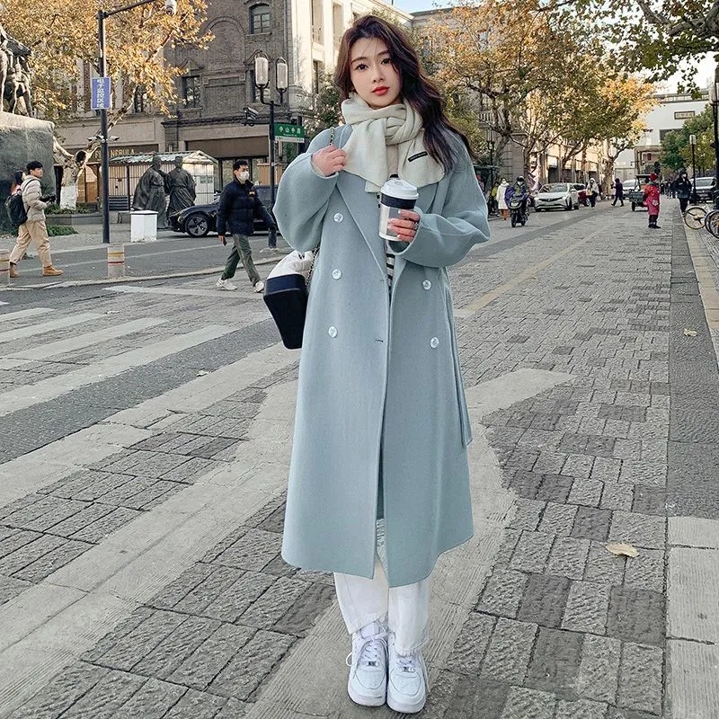 [มาใหม่พิเศษ คุณภาพสูง] เสื้อโค้ท ผ้าวูล ผูกเชือก ทรงหลวม สีฟ้า สไตล์เกาหลี แฟชั่นฤดูใบไม้ร่วง ฤดูหนาว สําหรับผู้หญิง 2023 TNVX