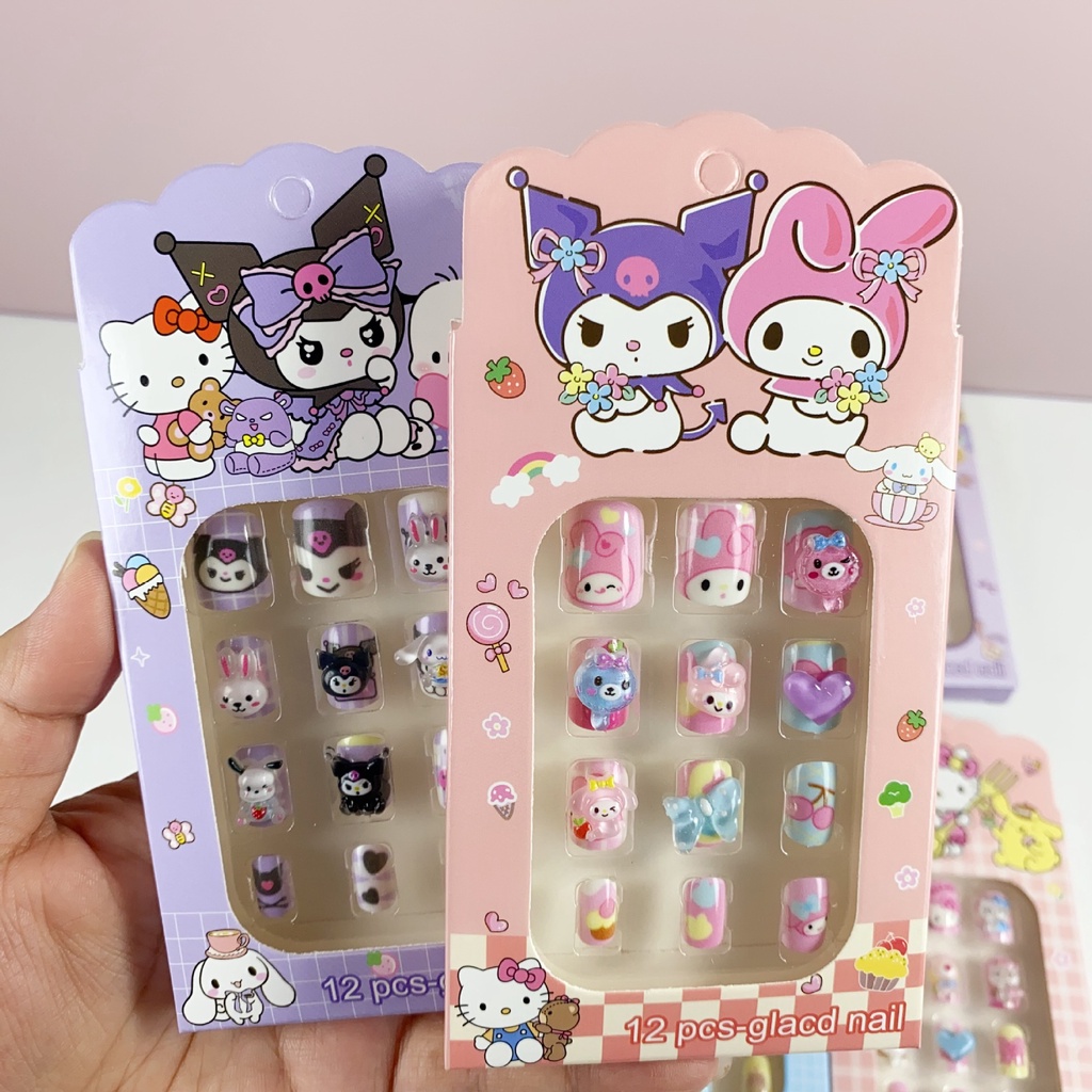 SANRIO แพทช์เล็บ ลายการ์ตูน Melody น่ารัก 3D สําหรับเด็กผู้หญิง 12 ชิ้น ต่อชุด