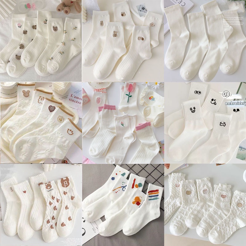 ถุงเท้า ผ้าฝ้าย ปักลายหมี และดอกไม้น่ารัก สีขาว แบบเรียบง่าย สําหรับผู้หญิง จํานวน 5 คู่