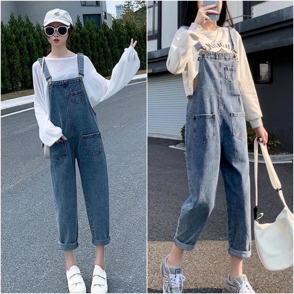 ccute พร้อมส่ง เอี๊ยมขายาว เอี๊ยม ยีนส์ทรงบอย ขากระบอก สายสามารถปรับได้ แฟชั่น ผู้หญิง น่ารัก