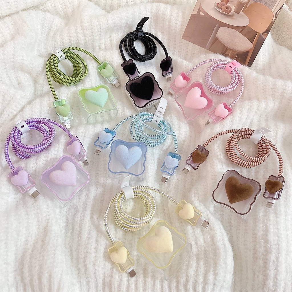 เคสที่ชาร์จ 5 ชิ้น สําหรับ iPhone 18W/20W ขอบคลื่น ตุ๊กตา ลายความรัก เด็กผู้หญิง ป้องกันสายชาร์จ สายข้อมูล เกลียวห่อ นิ่ม สําหรับลดแสง Android Mirco-USB Type-C