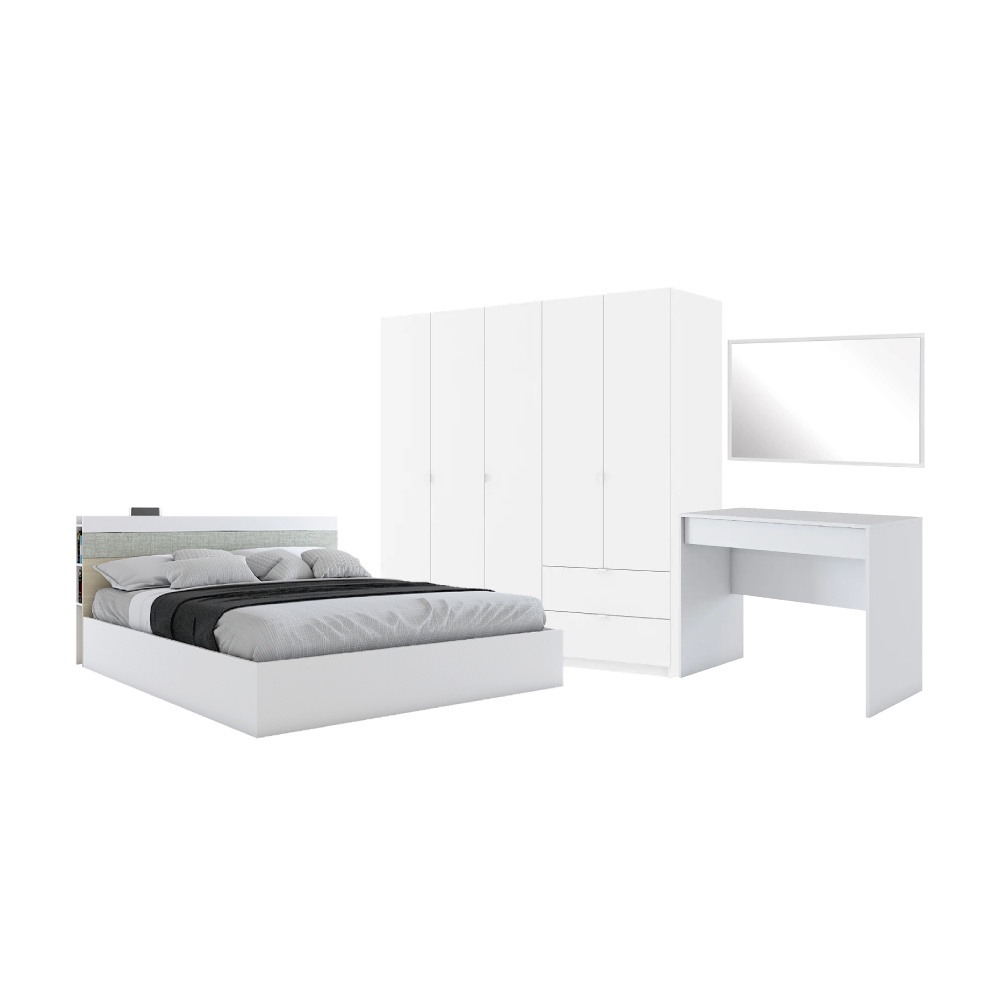 INDEX LIVING MALL ชุดห้องนอน รุ่นออกาโน่+วิต้า ขนาด 5 ฟุต (เตียง, ตู้เสื้อผ้า 5 บาน, โต๊ะเครื่องเเป้ง, กระจกเงา) - สีขาว