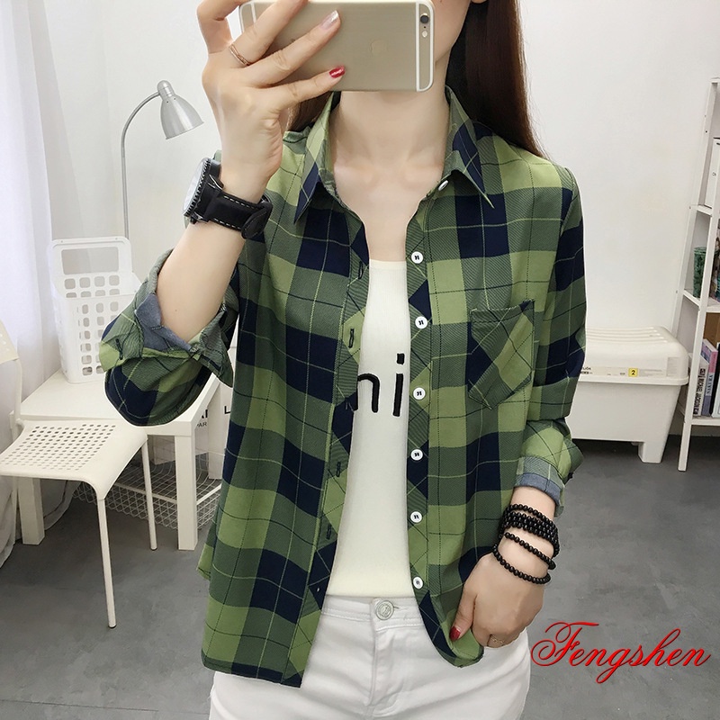 เสื้อเชิ้ตแขนยาวลายสก๊อตผู้หญิง สไตล์ฮ่องกงย้อนยุคหลวมเสื้อผ้าผู้หญิงเกาหลี