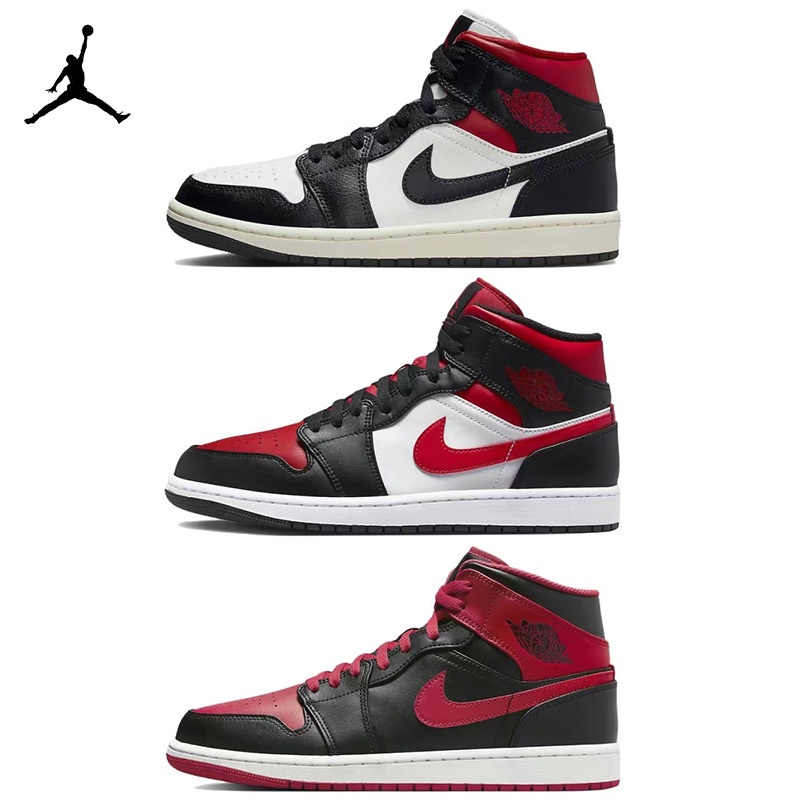 Nike Air Jordan 1 Mid Bred Toe รองเท้าผ้าใบลำลอง Mid-Tube AJ สีดำสีแดง Toes 554724-079