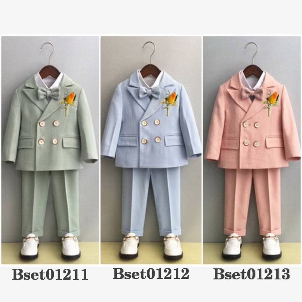 Bset0121- พร้อมส่งจากไทย ชุดออกงานเด็กชายครบเซท 4 ชิ้น มีเสื้อสูท+กางเกง+โบว์หูกระต่าย+เข็มกลัดดอกไม้ ชุดสูทเด็กชาย ท...