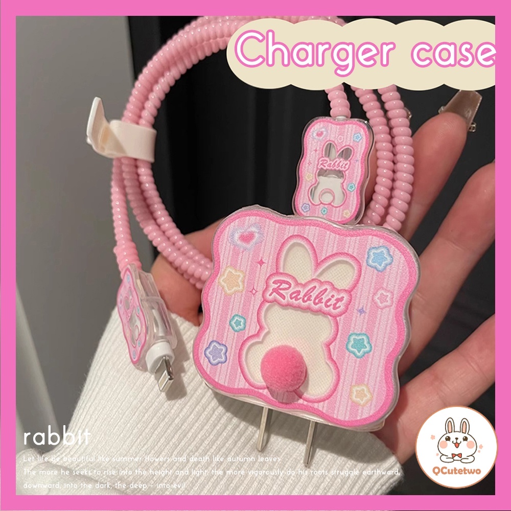 Girly ฝาครอบที่ชาร์จกระต่าย สีชมพู สําหรับ IPhone 20W อะแดปเตอร์ กันกระแทก เคสป้องกัน สําหรับสายเคเบิล USB ปลอกเกลียว ที่ม้วนสายข้อมูล